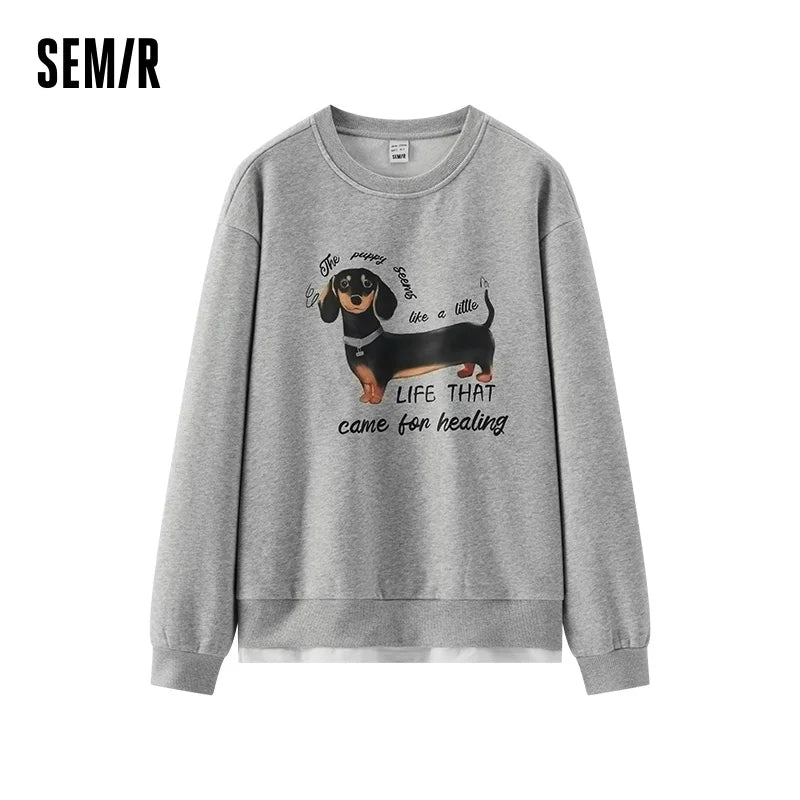 Semir Women Sweatshirt Fleece Lined Layered Look Dog Graphic Mid Length Urban Casual Style 2026 Winter Warm Layer Everyday Wear