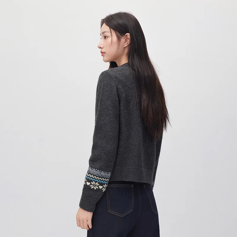 Semir Women Knit Cardigan Cropped Dog Graphic Geometric Jacquard Crew Neck 2026 New Winter Daily Wear Urban Casual Style