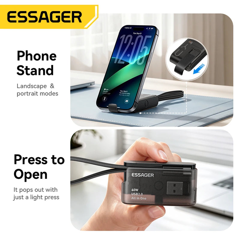ខ្សែសាកទិន្នន័យ Essager PD 60W ពហុមុខងារ USB ប្រភេទ C សាកលឿនសម្រាប់ iPhone 17 16 15 ប្រអប់ផ្ទុកជាមួយប្រអប់ដាក់ឥវ៉ាន់ធ្វើដំណើរ