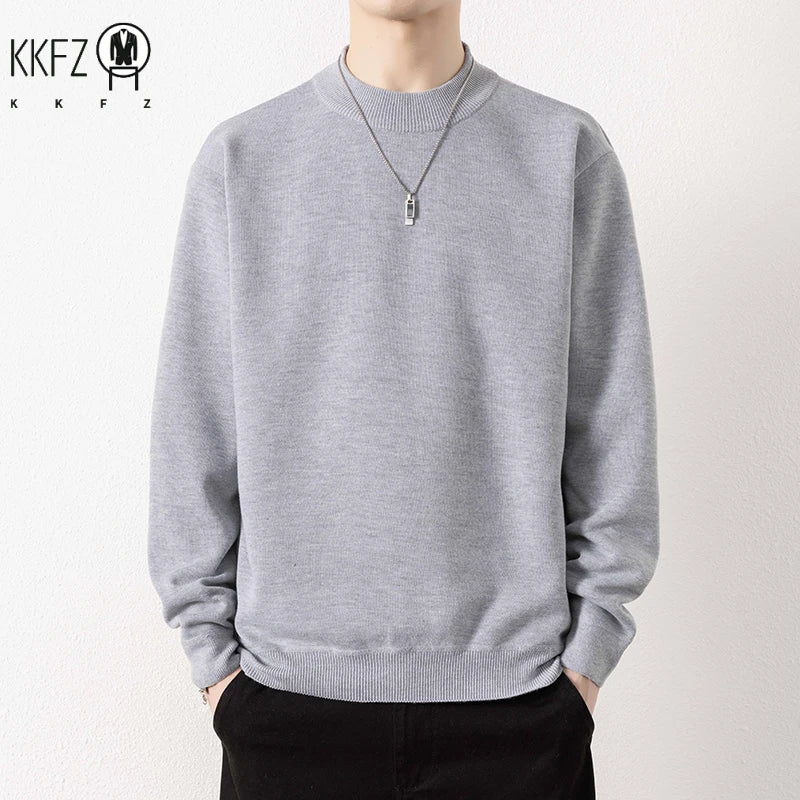 Men Loose Silhouette Half Turtleneck Knitwear Full Plush Lining Long Sleeve Thermal Sweater Casual Daily Base Outfit