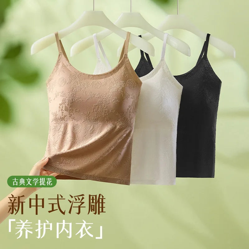 National Style Jacquard Printed Seamless Underwear Sling Vest Women's Inner Fixed Cup One Piece Pajamas Top Lady Sleepwear