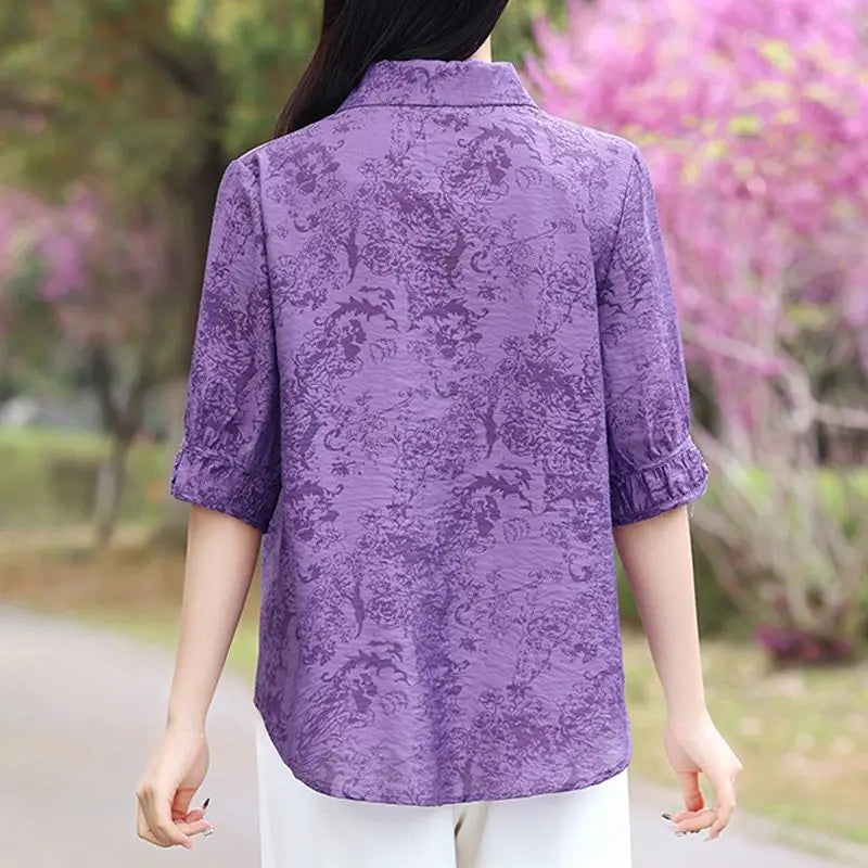 អាវយឺតថ្មីរដូវក្តៅ កអាវ Jacquard ប៊ូតុង ដៃអាវពាក់កណ្តាលធម្មតា ឆើតឆាយ រលុង សម្រាប់ស្ត្រីធ្វើដំណើរទៅធ្វើការ