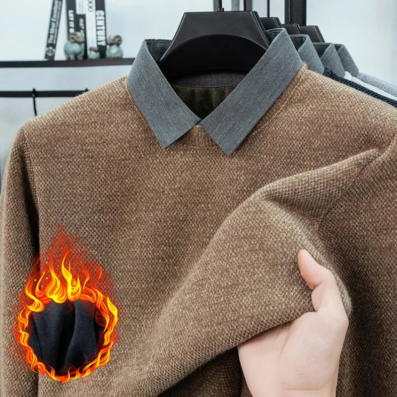 Men's Warm Two-Layer Sweatshirt with Sherpa Lining - Casual Autumn Winter Wear for Daily Outings Shirt Collar Pullover