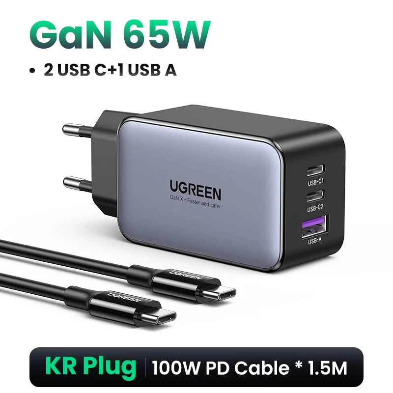 【KC-certified Korean Plug】UGREEN 65W GaN Charger QC4.0 PD3.0 USB C Charger for iPhone 18 17 16 Pro Max Laptop Macbook Air Tablet
