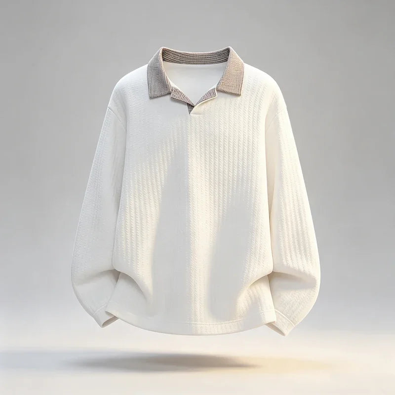 Male Rib Knit V Neck Polo Shirt Long Sleeve Contrast Plaid Collar Relax Fit Lightweight Streetwear Top