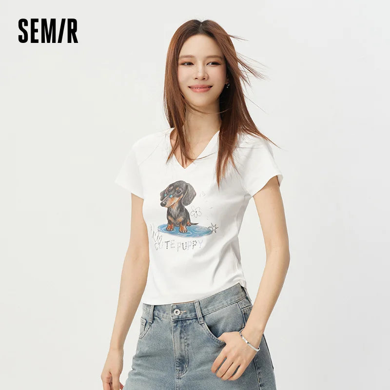 Semir Womens Tshirt 2026 Short Raglan Sleeve Slim V Neck Dog Cute Fashion Casual Daily Wear