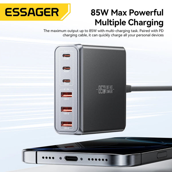 ឆ្នាំងសាក Essager 85W GaN 6 រន្ធ USB ប្រភេទ C ឆ្នាំងសាកលើតុ PD ស្ថានីយសាកថ្មលឿនសម្រាប់ iPhone 17/16/15 Samsung S24 កុំព្យូទ័រយួរដៃ iPad
