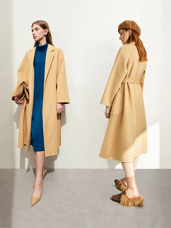 AMII Minimalist Wool Coat For Women 2024 Winter Blazer Collar With Belt Vintage Korean Fashion Long Blends Jacket 12424102