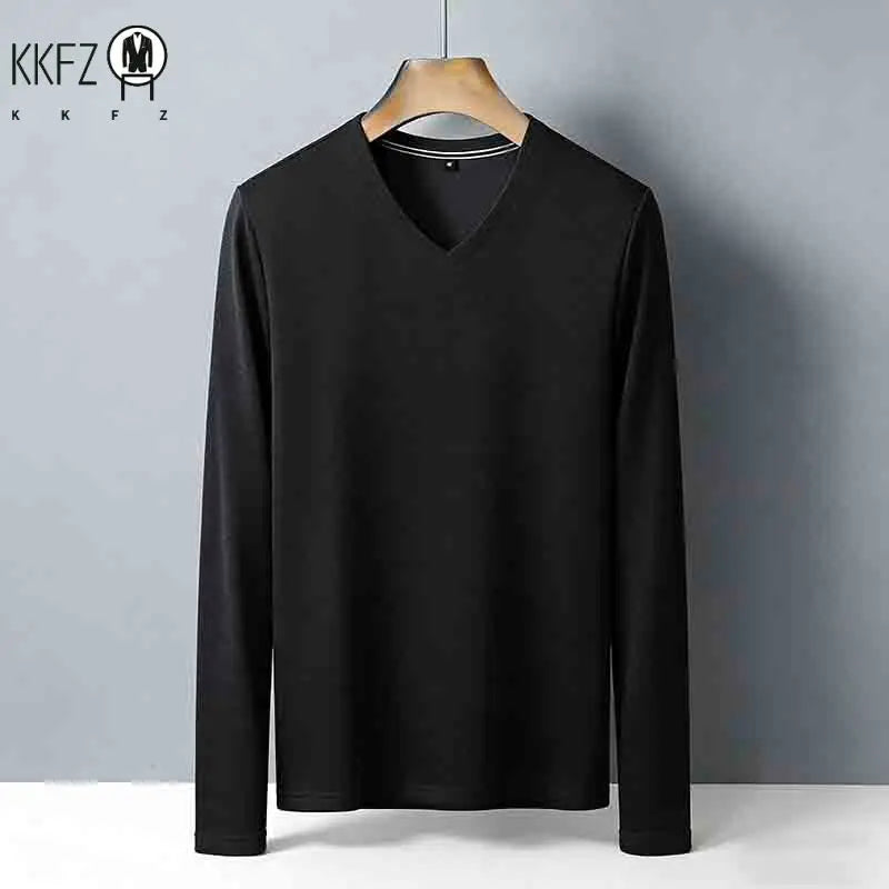 Men's Tan V-neck Long Sleeve Knit Top Classic Solid Color Everyday Outfit for All Ages