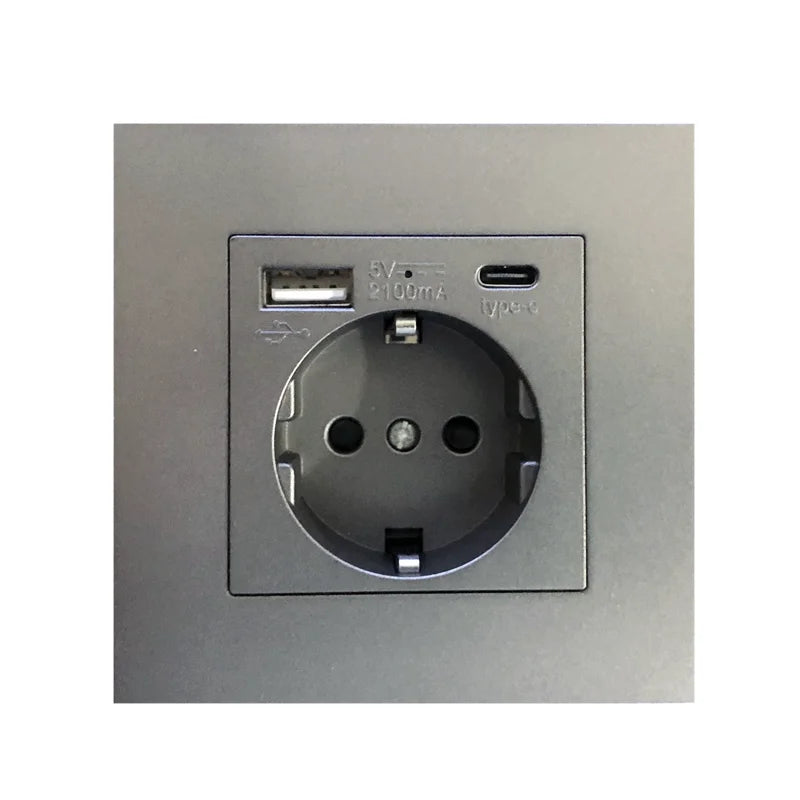 Grey EU USB C Wall Socket, Type-C Port Wall Plug Adapter, 16A Power Socket with USB Phone Charging, Russian Kazakhstan Outlet