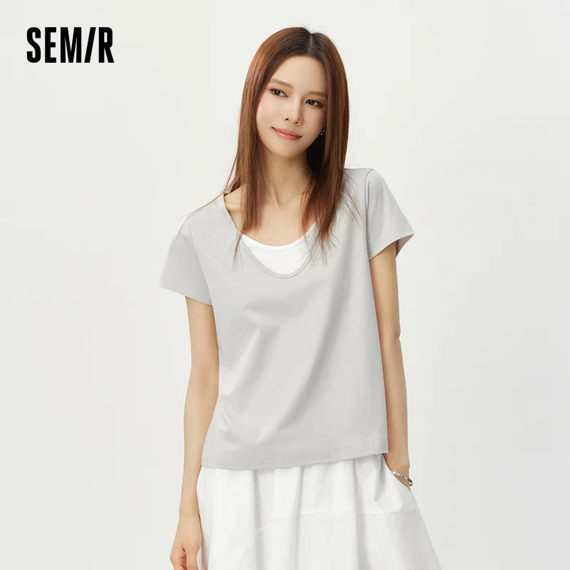 Semir Womens Tshirt 2026 Cotton Linen Fake Two Piece Color Block U Neck Elegant Simple Casual