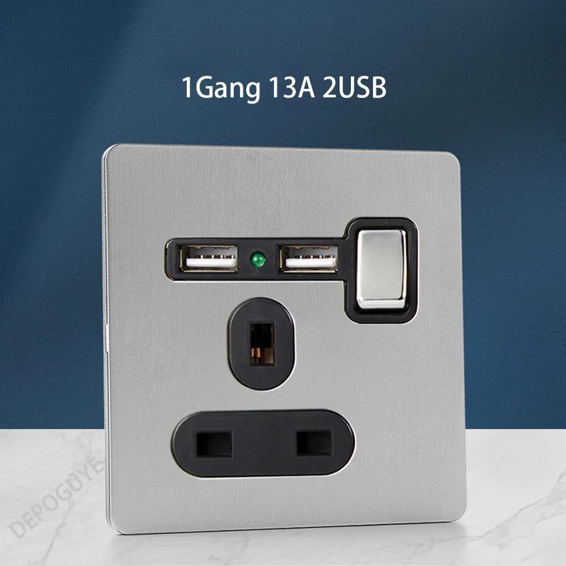 Wall Light Toggle Retro Switch Panel 1-4 Gang 2 Way EU Silver Gray Brushed Stainless Steel Antique Switch Outlet with USB Chargi