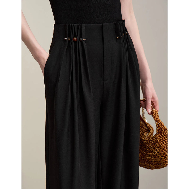 Amii Women's Wide Leg Pants 2026 Summer New Beaded Pleated Loose Trousers Casual Pants For Women With Metal Pin Detail 12652007
