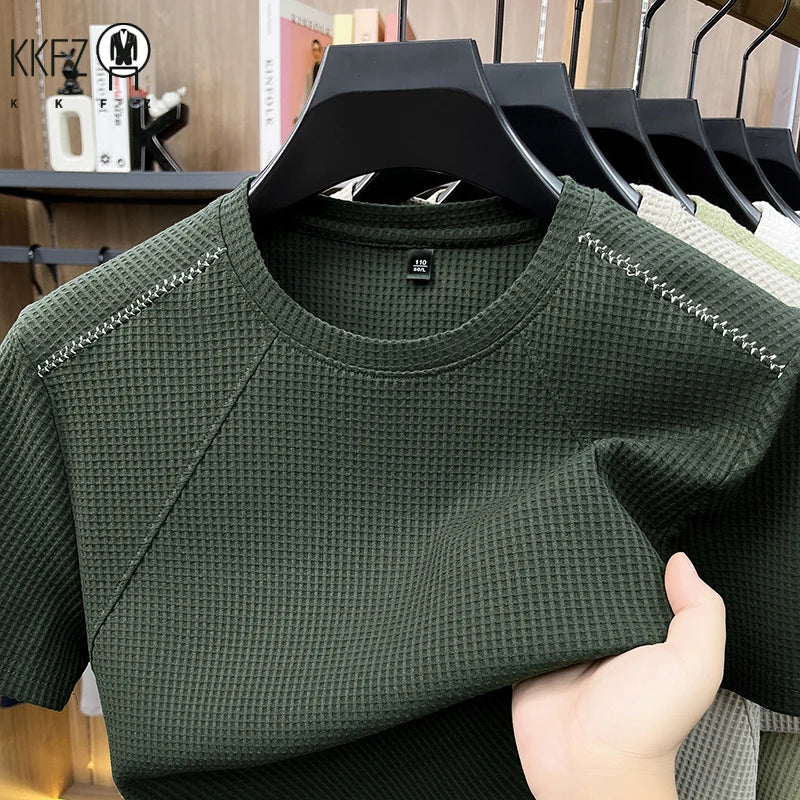 Men Waffle Knit Short Sleeve Crew Neck T Shirt Casual Lightweight Breathable Soft Top For Daily Use