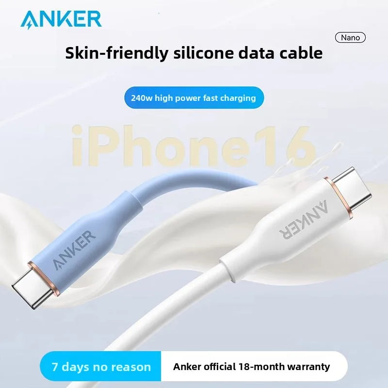 ខ្សែសាកទិន្នន័យ ANKER ក្បាលពីរ Typec 240W PD3.1 ខ្សែសាកលឿន ស៊ីលីកូនទន់ ងាយស្រួលប្រើសម្រាប់កុំព្យូទ័រយួរដៃ iPhone ថេប្លេត