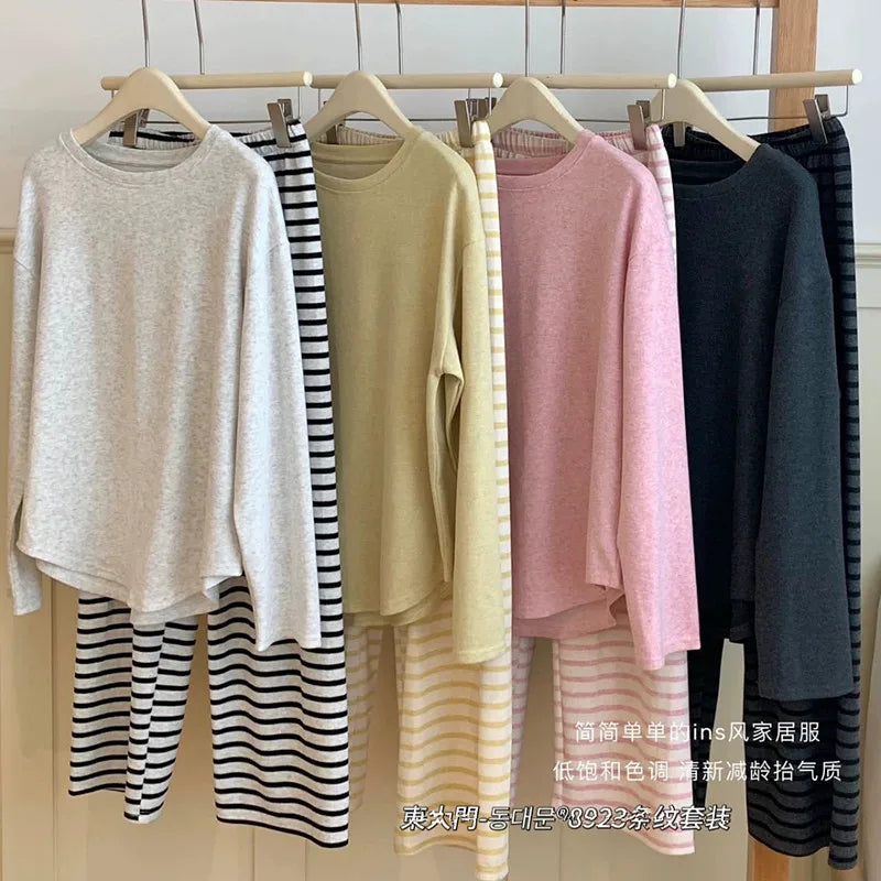 Casual Striped Long Sleeve Pant Suit Velvet Fleece Warm Sleepwear Women's Pajamas Autumn Winter Home Clothes Pyjamas d'hiver