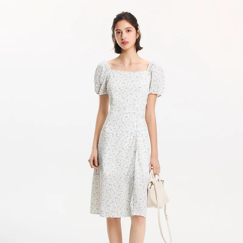 Semir Dress Women Puff Sleeve Romantic Playful Girly Summer French Square Neck Twist Split Chiffon Floral Dress