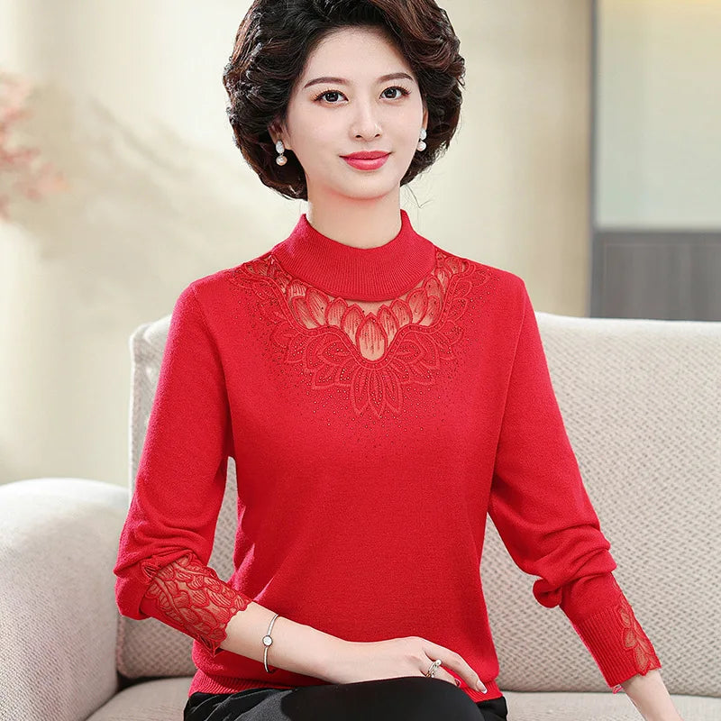 Turtleneck Warm Long Sleeve Knitwear Tops Spring Autumn Woman Clothing Middle Aged Mother Sweater Basic Wear Pullover Shirt