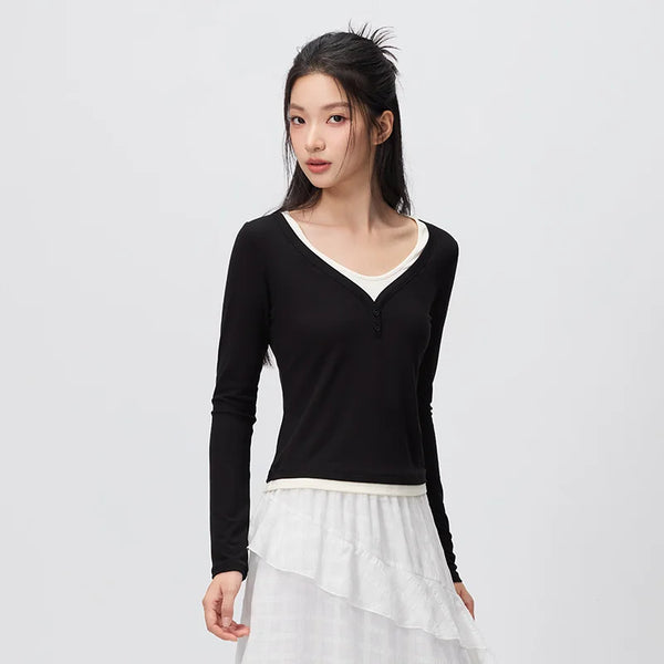 អាវយឺត Semir សម្រាប់នារី ដៃវែងខ្លី ករាងអក្សរ U ស្រោបដោយក្រណាត់ពីរជាន់ ស្ដើងតឹង ធម្មតា ស្លៀកប្រចាំថ្ងៃ រដូវស្លឹកឈើជ្រុះ ឆ្នាំ២០២៦