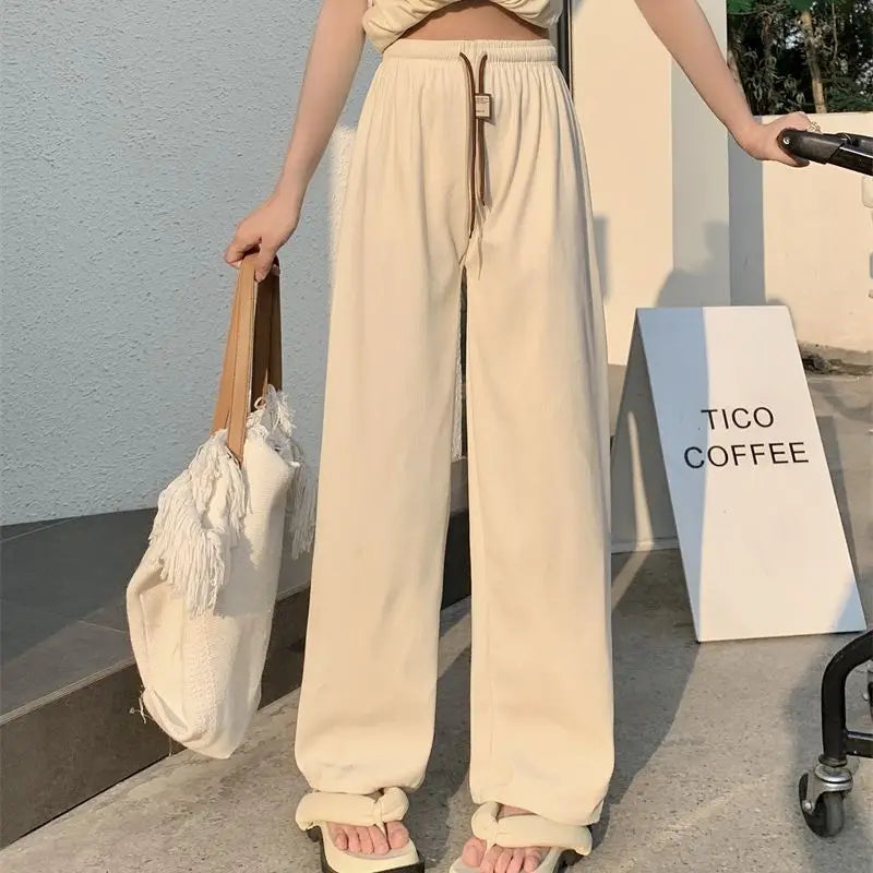 ខោជើងវែងចង្កេះខ្ពស់ Corduroy ខោជើងវែងរលុងសម្រាប់នារី ខោគេងយប់ម៉ូដ ខោស្លៀកក្រៅ ខោជើងវែង