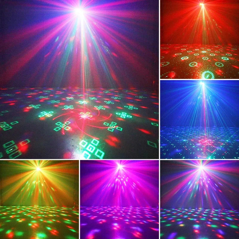 LED DJ Laser Projector Stage Disco Lights Rotating Ball Strobe Remote Sound Control Party Light for Christmas Wedding Holiday