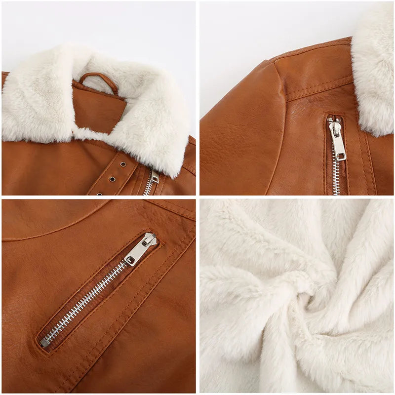 2026 Winter Women Yellow PU Leather Jacket, Black Slim-Fit Fleece Lined Faux Leather Coat, Thicken Warm Moto Biker Jacket Mujer.