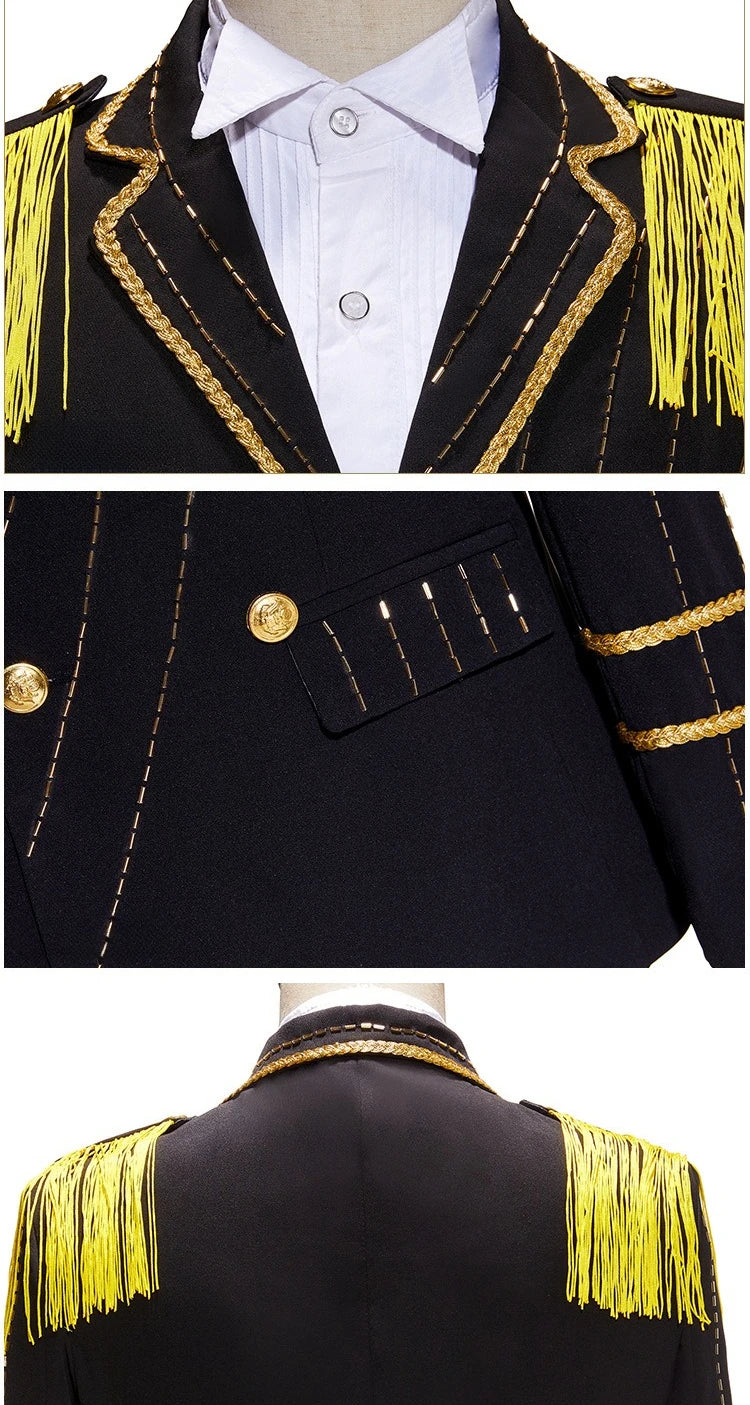 Men's Black Blazer with Fringe Detailing on The Shoulders, Perfect for Stage, Bar, or Singer Gold-buttoned suit Jacket.