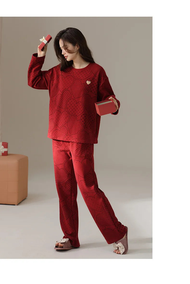 New Year Red Women's Pajamas Set Spring Autumn Long Sleeve Trousers Sets Fashion Sleepwear Pyjamas Femme Nightwear Home Pijama