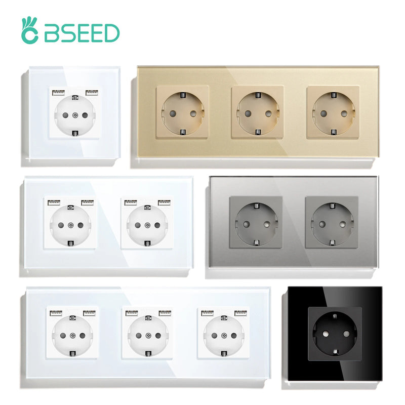 BSEED EU Wall Sockets Single Plugs Sockets Double 5V 2.1A USB Socket Phone Charge Glass Panel Power Sockets Kids Protection 16A