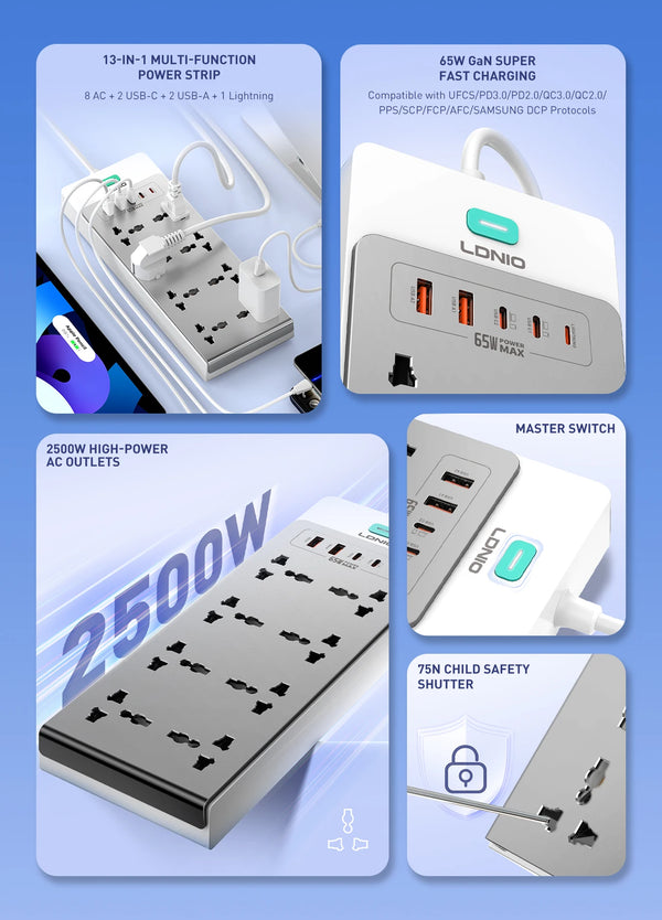 បន្ទះ ភ្លើង LDNIO 65W 13-in-1 ការពារ ការ ឡើង កម្ដៅ ខ្សែ បន្ថែម 2 ម៉ែត្រ រន្ធ ដោត ជា សកល EU KR UK US ដោត USB C ស្ថានីយ សាក ថ្ម លឿន