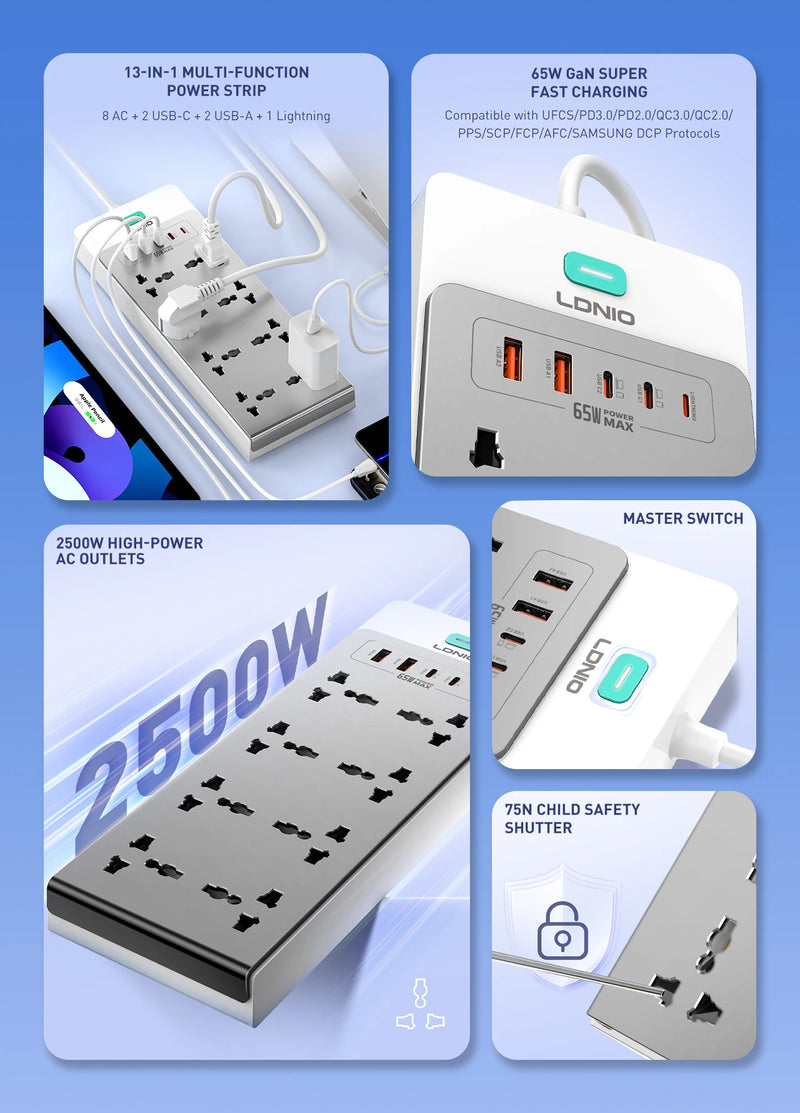 រន្ធដោតភ្លើងបន្ថែម LDNIO 13-in-1 2500W ស្ថានីយសាកថ្ម 65W បន្ទះសាកថ្ម USB រន្ធដោត AC ចំនួន 8 រន្ធដោត USB C ចំនួន 5 ខ្សែបន្ថែម USB-A ថ្មី