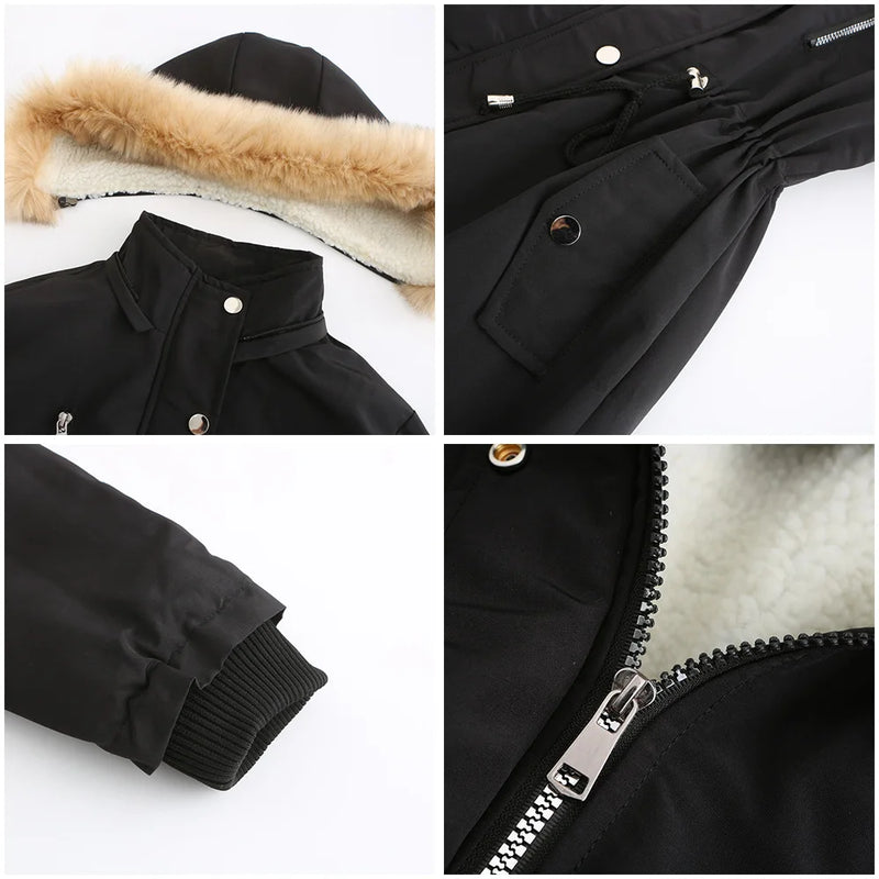 Winter New Arrival Women's Dark Brown Hooded Mid-Length Coat, Stylish and Warm Thick Jacket. Khaki, Black, Blue, Pink Parkas.