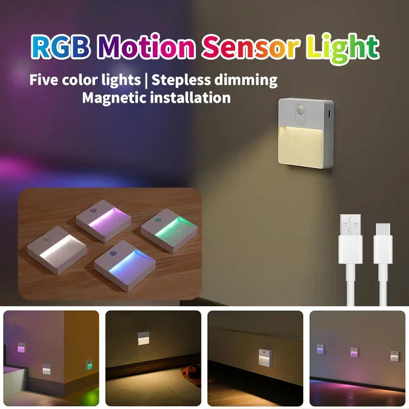 RGB Motion Sensor Night Light USB Rechargeable Color-Changing Lamp Dimmable Wireless LED Lighting for Closet Bedroom Kitchen