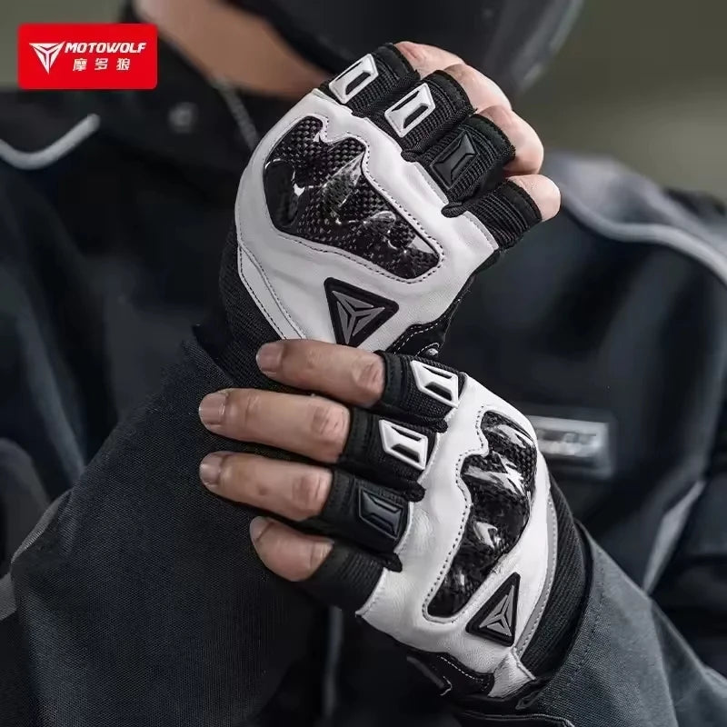 ស្រោមដៃជិះម៉ូតូរដូវក្តៅ Motowolf ស្រោមដៃពាក់ម្រាមដៃពាក់កណ្ដាលដែលអាចដកដង្ហើមបាន ស្រោមដៃស្បែកបែប Retro គ្មានម្រាមដៃ ស្រោមដៃកាបូនជាតិសរសៃប្រឆាំងនឹងការដួលរលំ