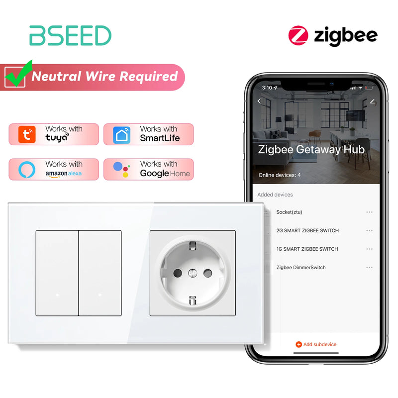 BSEED Zigbee Light Switch 1/2/3Gang 2Way Smart Click Button Switch Glass Panel White LED Indicator Tuya Smart Life Alexa Control