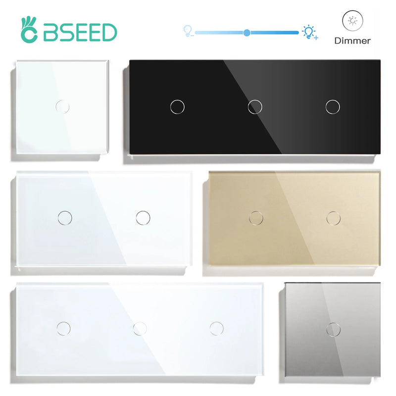 BSEED Dimmer Light Switch 1Gang 1Way Led Dimmer 220V Wall Touch Light Switch Crystal Glass Panel Blue Backlight Memory Function
