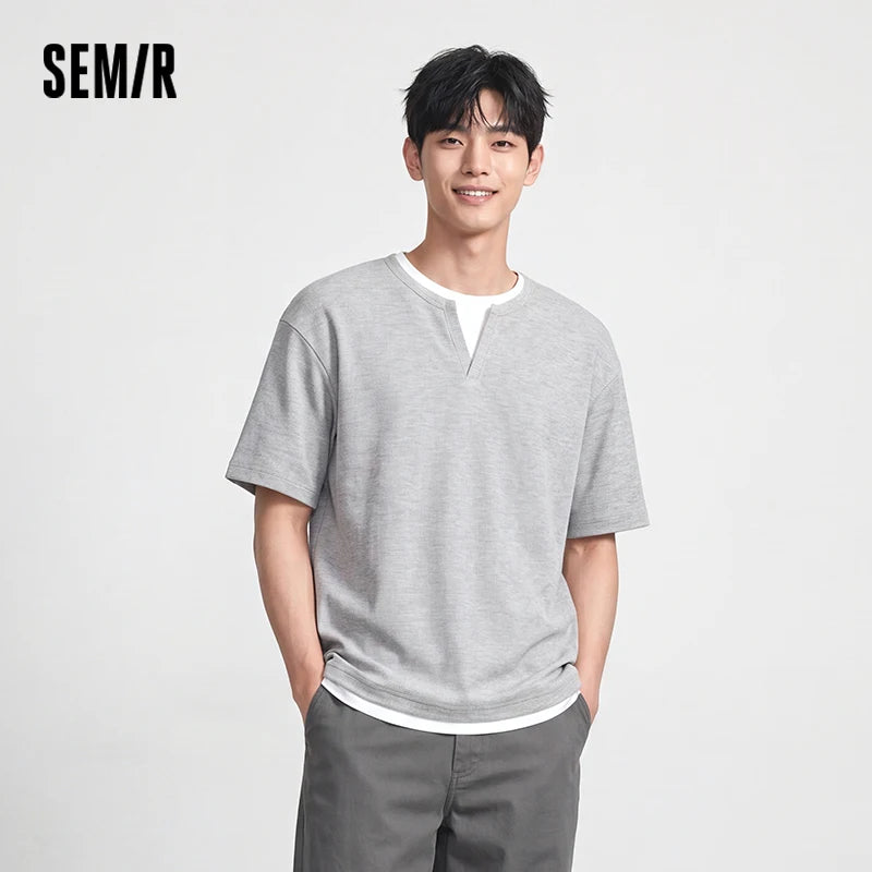 Semir Men Tshirt Short Sleeve V Neck Colorblock Waffle Knit 2026 Autumn Loose Casual Style Pullover Everyday Top