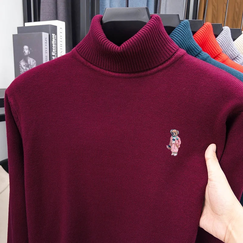 Comfort Man High Neck Long-Sleeved Knitwear Bear Embroidery Pullover Fashionable Daily Wear for Men Autumn Winter Versatile Men'