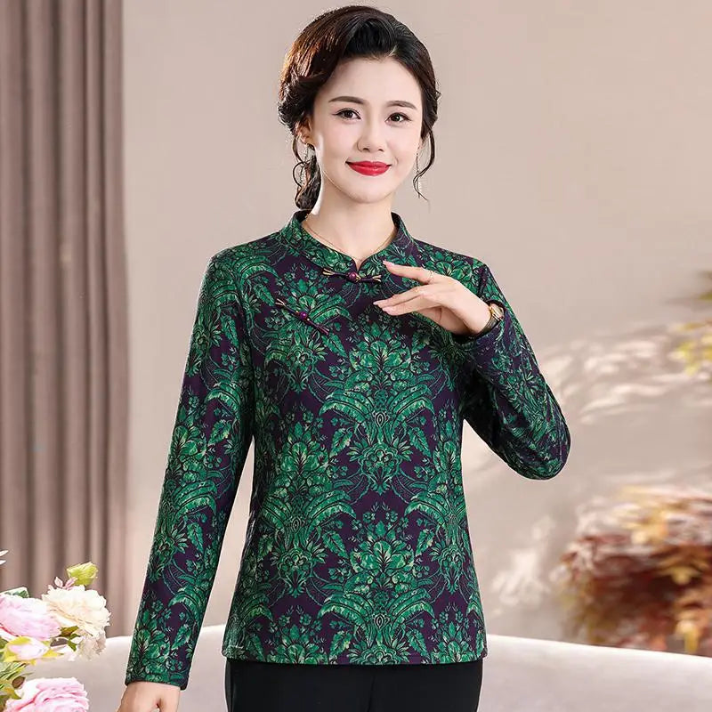 អាវយឺតដៃវែងស្ទីលអាស៊ីសម្រាប់ស្ត្រីរដូវស្លឹកឈើជ្រុះថ្មី អាវកអាវ cheongsam ផ្កាធម្មតា