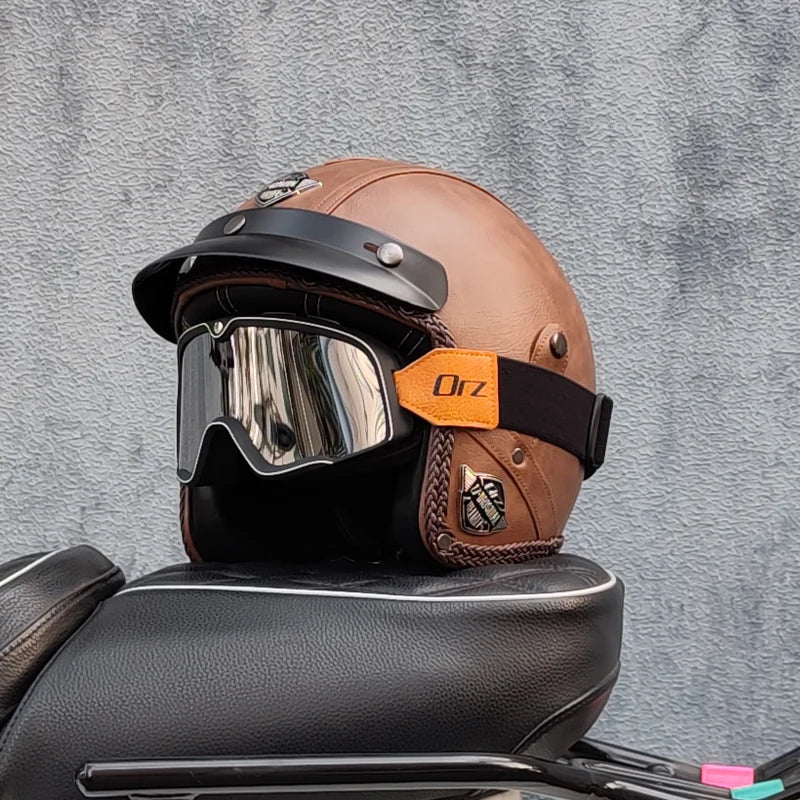 Motorcycle retro helmet PU leather 3/4 scooter half helmet couple helmet DOT approved M-XXL
