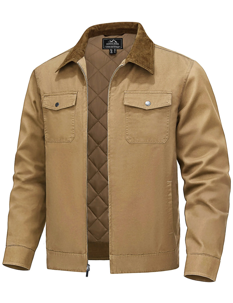 TACVASEN Quilted Cargo Jackets Lightweight Full Zip Corduroy Collar Jackets Cotton Casual Shacket Padded Coats with 5 Pockets