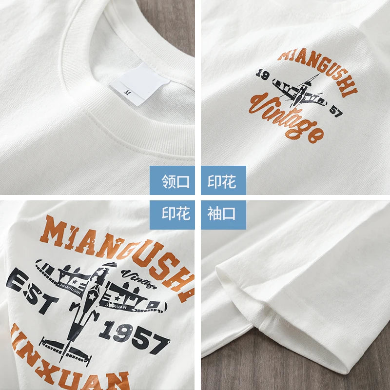 Dukeen 320g Heavyweight Short Sleeved T Shirt Men Summer Vintage Aeroplane Printing 100% Cotton Casual Tops Unisex