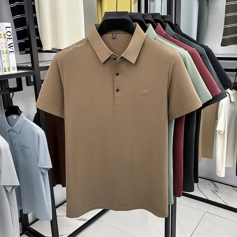 Mens Classic Short Sleeve Polo Shirt Lapel Style Chest Embroidery Detail Breathable Top For Daily Commute And Outdoor Use