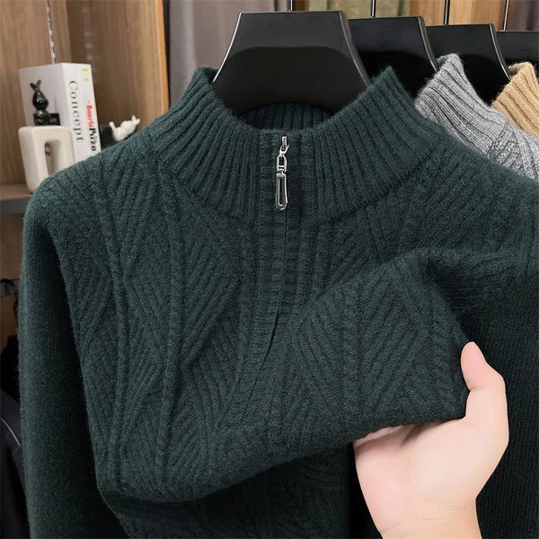 Winter Collection of Men's Long-sleeve Knit Wool Sweaters: Red Crew-neck Pullover with A Semi-high Collar; Black, Gray, Camel.