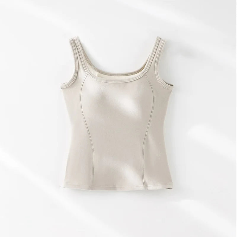 One Piece Pajamas Women Comfortable Splicing Thermal Vest Chest Pad Seamless Sleepwear Top Cotton Autumn Winter Base Shirt