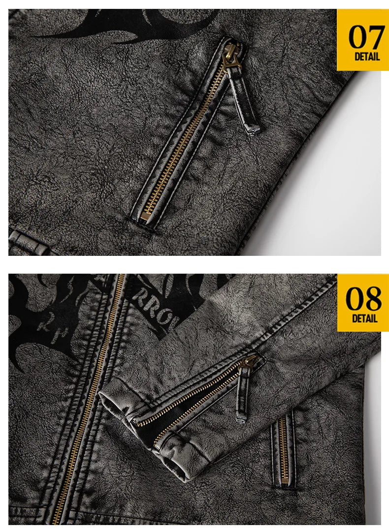 Men's Long-sleeve PU Jacket for Spring and Fall, Available in Gray-black Faux Leather Coat, with Khaki and Green Options.