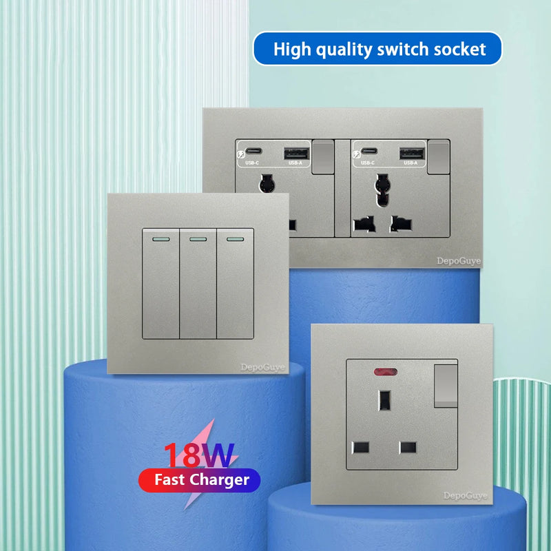 Universal 18W Type-C Quick charge Double Power Outlet,220V Electrical Wall Light 2way Switch UK 13A Wall Double USB Plug Socket