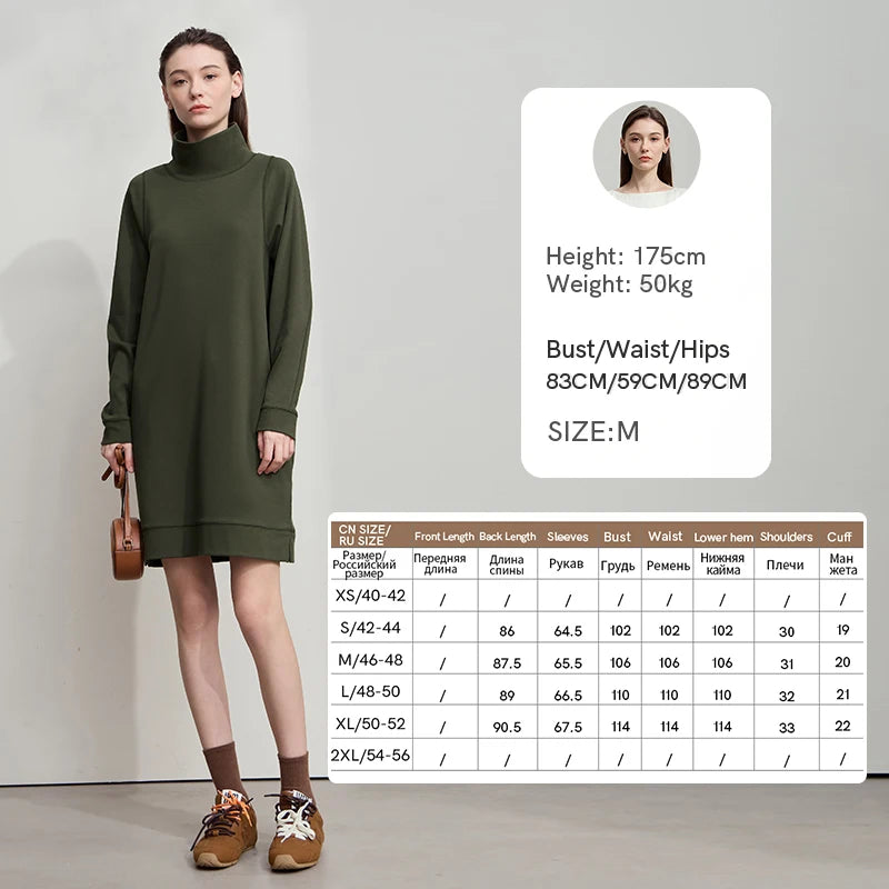 AMII Dress Women's Cotton Loose Casual Turtleneck Office Lady Elegant Sweatshirt Dresses 2026 Autumn New Woman Clothing 12523138