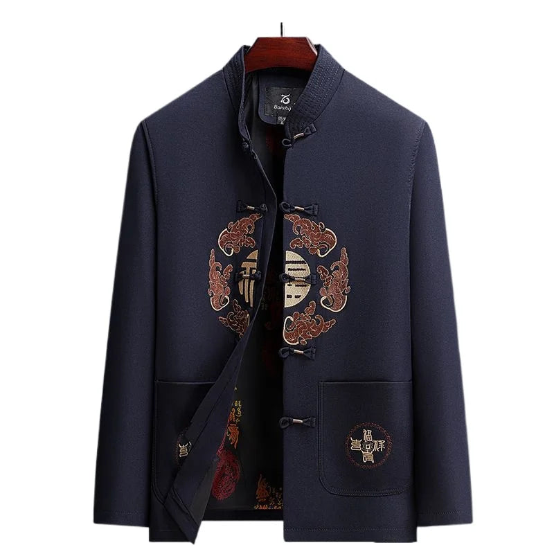 2026 New Men's Red Embroidered Long-Sleeve Jacket, Chinese-Style Single-Breasted Stand-Up Collar Coat, Fashionable Casual Tops.