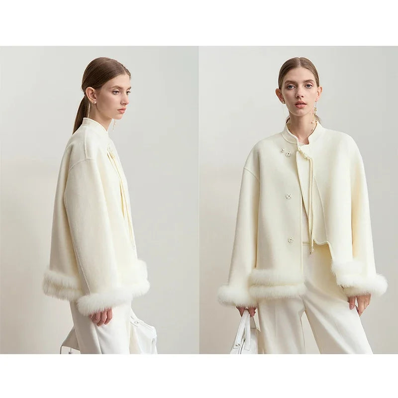 Amii Women's Coat 2026 Winter New Chinese Style Warm Woolen Jacket Woman Stand-up Collar Solid Wool Long Sleeves Coats 12444083